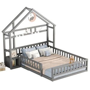 OKWISH DĚTSKÁ postel 140/200 cm šedá z borovice a MDF s domečkovým čelem, zábradlím a nočním stolkem obraz