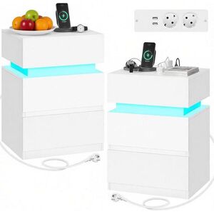 OKWISH NOČNÍ stolek 35/40/55 cm bílý z dřeva s LED osvětlením a nabíjecí stanicí, sada 2 ks obraz