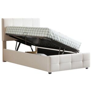 OKWISH DĚTSKÁ polstrovaná postel 90/200 cm béžová z MDF, kovu a sametu se zvedacím úložným prostorem obraz