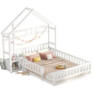 OKWISH DĚTSKÁ postel 140/200 cm bílá z borovice s nočním stolkem a zábradlím obraz