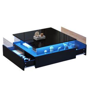 Modfu KONFERENČNÍ stolek z dřevotřísky 70x70x41 cm černý s LED osvětlením, 2 zásuvkami a průhlednou vitrínou obraz