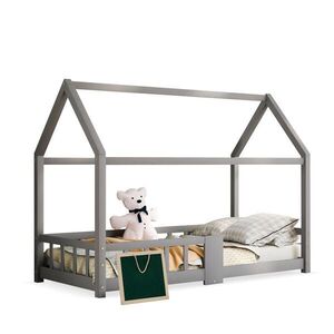OKWISH DĚTSKÁ postel domeček 90/200 cm šedá z masivní borovice s tabulí a zábranou obraz