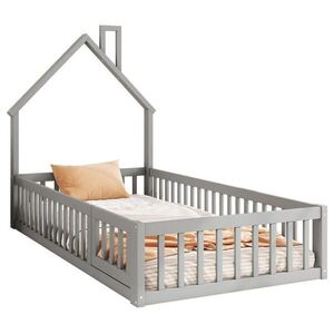 OKWISH DĚTSKÁ postel 90/200 cm šedá z borovice a MDF s komínovým designem a bezpečnostním zábradlím obraz