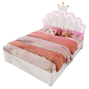 OKWISH DĚTSKÁ postel 140/200 cm bílá z PU a MDF s nastavitelným čelem, LED osvětlením a 2 zásuvkami obraz