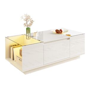 Modfu KONFERENČNÍ stolek z dřevotřísky 105x50x35 cm bílý s LED osvětlením, skleněnou deskou a 2 zásuvkami obraz