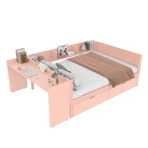 OKWISH POSTEL s psacím stolem 140x200 cm růžová z borovice a dřevotřísky se zásuvkami a regály obraz