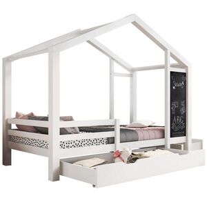 OKWISH DĚTSKÁ postel domeček 90/200 cm bílá z masivní borovice s tabulí a 2 zásuvkami obraz