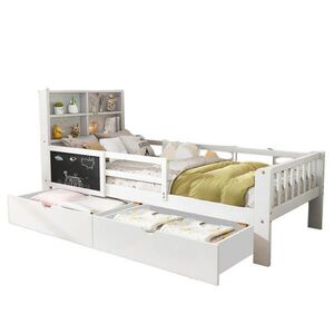 OKWISH DĚTSKÁ postel 90/200 cm bílá z masivního dřeva a MDF s tabulkou, úložnými šuplíky a bez matrace obraz