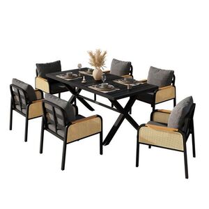 OKWISH ZAHRADNÍ jídelní set 148/80/75 cm černá/přírodní z kovu a polyesteru pro 6 osob s polstry obraz
