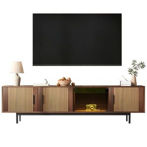 Redom TV stolek 200/35/53 cm s LED osvětlením, Bluetooth a aplikací, geometrickými dvířky a tvrzeným sklem, Černá/Barva ořechového dřeva obraz