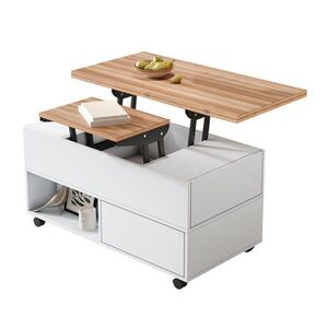 Redom KONFERENČNÍ stolek 100/50/52 cm s výsuvnou a výklopnou deskou, 4 zásuvkami, kolečky a úložným prostorem, Bílá + Dřevěná obraz