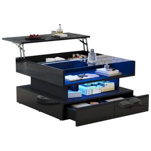 Redom KONFERENČNÍ stolek 80/80/45 cm s hydraulickým zdvihem, skrytým úložným prostorem, 2 zásuvkami a LED osvětlením, Černá obraz
