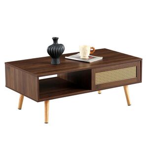 Redom KONFERENČNÍ stolek 105/55/40 cm s posuvnými dvířky a úložným prostorem, ratanový design, Hnědá obraz