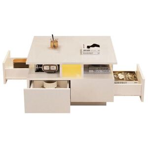 Redom KONFERENČNÍ stolek 70 x 70 x 40 cm z dřevotřísky s LED osvětlením, čtyřmi zásuvkami a vysokým leskem, Bílá obraz