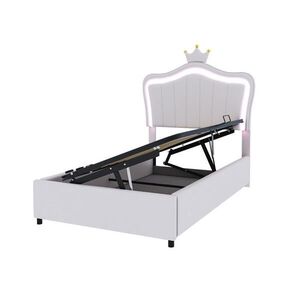 Redom DĚTSKÁ postýlka 90x200 cm s LED osvětlením, hydraulickým úložným prostorem a nastavitelným čelem, umělá kůže, Bílá obraz