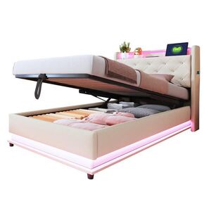Redom ČALOUNĚNÁ postel 90/200 cm s LED osvětlením, USB a úložným prostorem, Béžová obraz