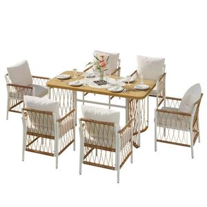 Modfu ZAHRADNÍ jídelní set z železa a polyesteru 159, 5x77, 5x75 cm béžový, hnědý a přírodní s polštáři pro 6 osob obraz