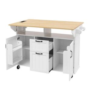 Redom KUCHYŇSKÝ ostrůvek 120/40-60-80/92 cm s výklopnou pracovní deskou, úložným prostorem a kolečky, Bílá + přírodní obraz