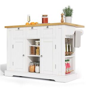 Redom KUCHYŇSKÝ ostrůvek 132/40(70)/87 cm s výsuvnou pracovní deskou, úložným prostorem, zásuvkami a USB, Bílá+Přírodní obraz