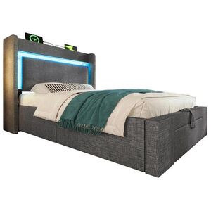Modfu ČALOUNĚNÁ postel ze lnu 90x200 cm šedá s LED, USB-C, úložným prostorem a matrací obraz