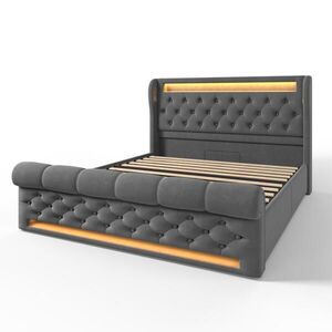 Modfu ČALOUNĚNÁ postel z sametu 140x190 cm šedá s LED osvětlením, USB a Type-C nabíjením, úložným prostorem obraz
