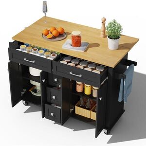 Redom KUCHYŇSKÝ ostrůvek 140/40(65)/89 cm s výklopnou pracovní deskou, úložným prostorem na kolečkách, MDF, Černá + přírodní obraz