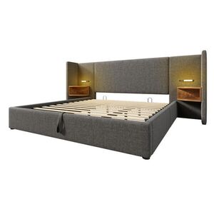 Modfu ČALOUNĚNÁ postel z lnu 180x200 cm šedá s USB, Type-C, lampičkou a hydraulickým úložným prostorem obraz