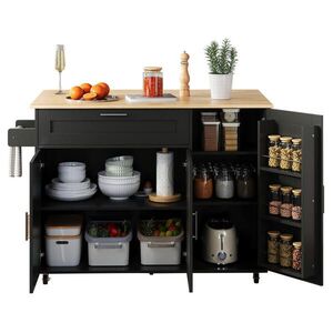 Redom KUCHYŇSKÝ ostrůvek 132, 5/44(70)/90 cm s klopnou pracovní deskou, úložným prostorem a kolečky, Černá+Přírodní obraz