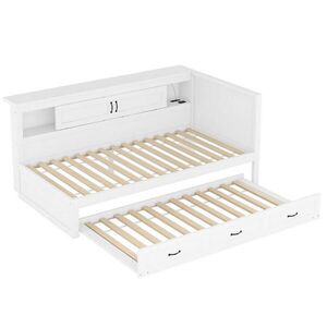 Modfu DĚTSKÁ postel z dřevotřísky a MDF 90x200 cm bílá s LED osvětlením, výsuvným lůžkem, USB a úložným prostorem obraz
