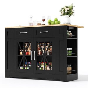 Redom KUCHYŇSKÝ ostrůvek 120/40(65)/92 cm s výklopným jídelním stolem, zásuvkami a USB, na kolečkách, Černá a přírodní obraz