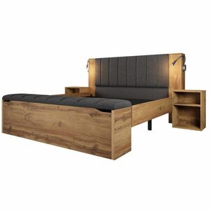Modfu DVOULŮŽKOVÁ postel ze dřeva 160x200 cm dubová s USB lampičkami, nočními stolky a lavicí s úložným prostorem obraz
