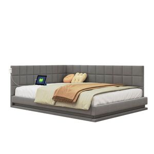 Modfu ČALOUNĚNÁ postel z lněné tkaniny 160x200 cm šedá s LED osvětlením, USB portem a lamelovým roštem obraz