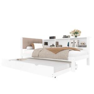 Modfu DĚTSKÁ postel z borovice 90x200 cm bílá s výsuvným lůžkem, LED osvětlením, USB portem a policí obraz