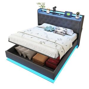 Modfu ČALOUNĚNÁ postel ze lněné tkaniny 140x200 cm šedá s LED osvětlením, USB portem a hydraulickým úložným prostorem obraz