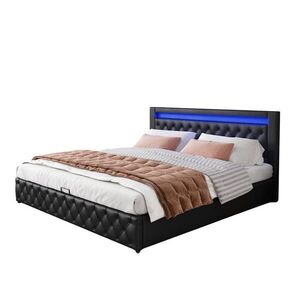 Modfu ČALOUNĚNÁ postel z PU 160x200 cm černá s LED osvětlením, roštem a úložným prostorem obraz