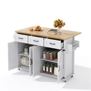 Redom KUCHYŇSKÝ ostrůvek 140/43(70)/90, 5 cm s klopnou pracovní deskou, 4 dveřmi, 3 zásuvkami a pojezdovou konstrukcí, Bílá/přírodní obraz