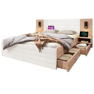 Modfu ČALOUNĚNÁ postel z masivního dřeva a MDF 180x200 cm bílá/světlý dub s LED lampičkou, USB a 2 zásuvkami obraz