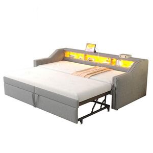 Modfu ČALOUNĚNÁ postel z lněné tkaniny 90/180x200 cm světle šedá s LED, USB a výsuvným lůžkem obraz