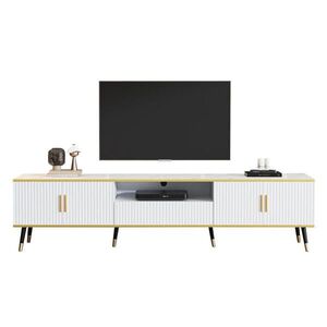Modfu TV stolek z dřevotřísky 200x40x46 cm bílý s mramorovým dekorem, 2 dvířky, zásuvkou a vedením kabelů obraz