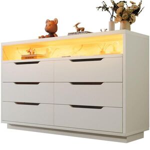 Modfu KOMODA z dřevotřísky 120x85x40 cm bílá s LED osvětlením, 6 zásuvkami a otevřenou přihrádkou obraz