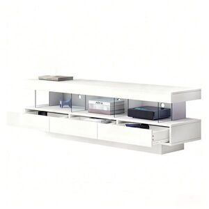 Modfu TV stolek z dřevotřísky 160x38x50, 5 cm bílý s LED osvětlením, Bluetooth ovládáním a 3 skleněnými přihrádkami obraz