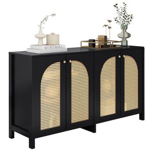 Modfu KOMODA z MDF 145x80x40 cm černá se 4 dvířky z umělého ratanu, kovovými úchyty a nastavitelnou policí obraz