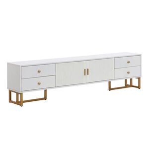 Modfu TV stolek z MDF 175x30x46 cm bílý se 4 zásuvkami, 2 dvířky a zlatými kovovými nohami obraz