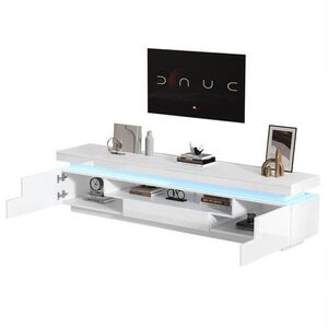 Modfu TV stolek z dřevotřísky 175x38x45 cm bílý s LED osvětlením, 2 skříňkami, zásuvkou a polootvřeným úložným prostorem obraz
