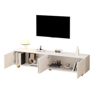 Modfu TV stolek z dřevotřísky 180x40x45 cm bílý se 2 skříňkami, 4 dvířky a dvířky ve tvaru obláčku obraz