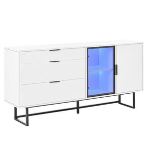 Modfu PŘÍBORNÍK z MDF a dřevotřísky 160x36x78 cm bílý se skleněnými dveřmi, LED osvětlením, 3 zásuvkami a kovovou konstrukcí obraz