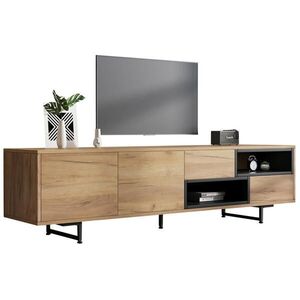 Modfu TV stolek z dřevotřísky 173x38x48 cm dekor dřeva se 2 dvířky, 2 zásuvkami, otevřenými policemi a otvory na kabely obraz