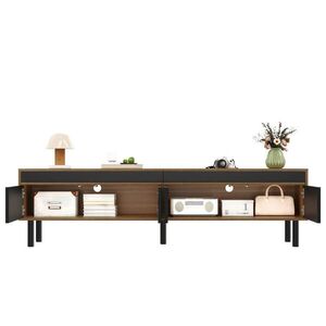 Modfu TV stolek z MDF a dřevotřísky 170x47, 7x38 cm černý/přírodní se 4 dvířky, push-to-open a lamelovými čely obraz