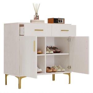 Modfu KOMODA z MDF 80x79, 5x35 cm bílá se 2 dvířky a 2 zásuvkami, s vlnitým čelem a pojistkou proti převrácení obraz