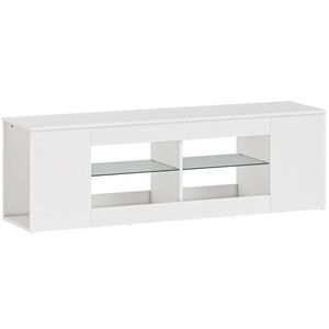 Modfu TV stolek z dřevotřísky a skla 140x35x42.5 cm bílý se 6 přihrádkami a 2 skleněnými policemi pro TV až 65" obraz